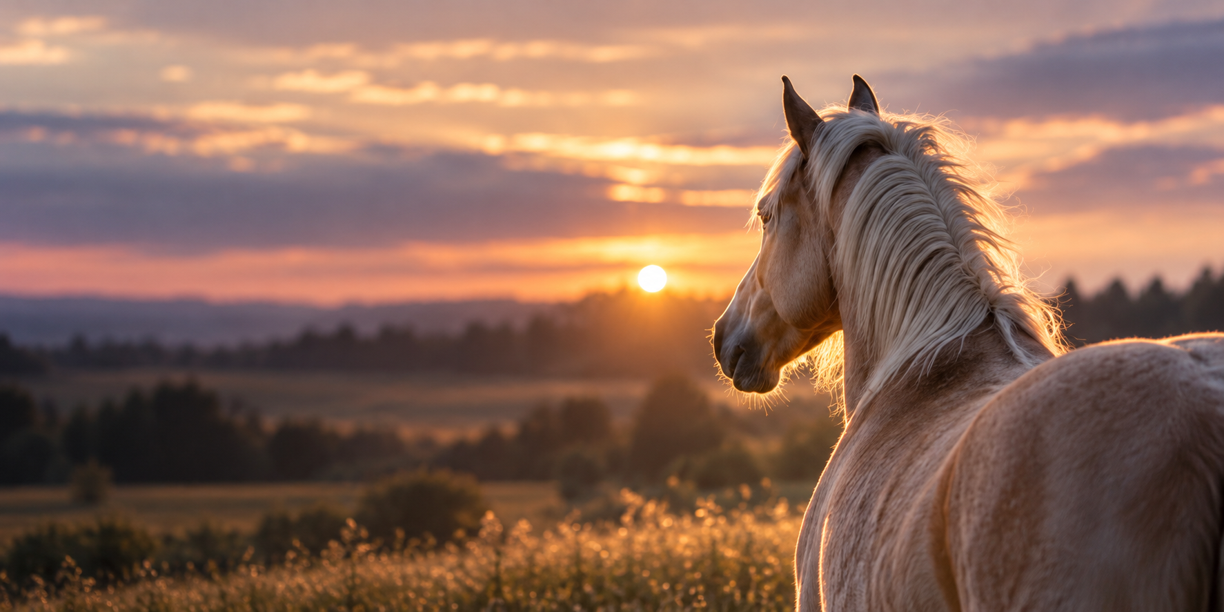 Pferd mit heller Mähne im warmen Abendlicht